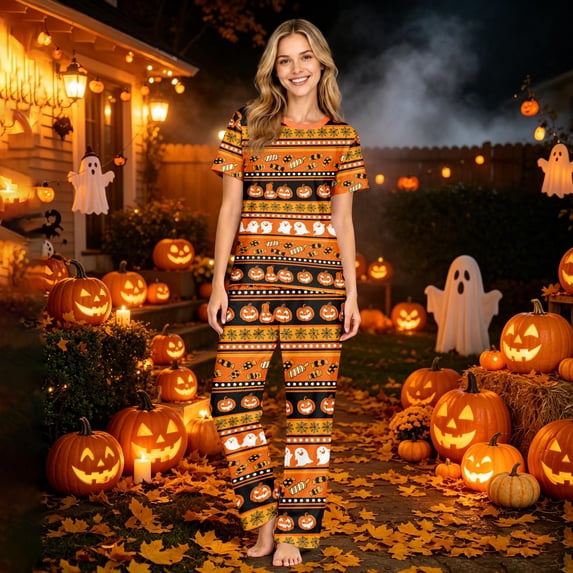 Cute Ghost and Pumpkin Print Matching Family Halloween Pajamas Comfortable Fall Harvest Sleepwear Sets Casual Long-Sleeve Tops and Pants for Men Women