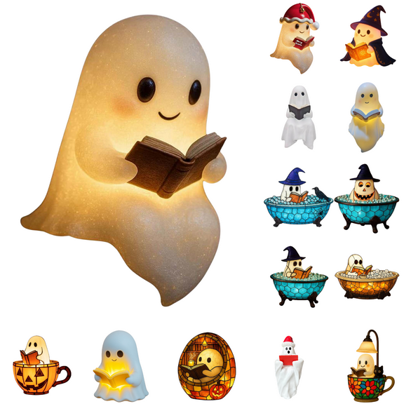 Cute Ghost Reading Book Lamp, 3D Resin Halloween Ghost Night Light, Ghost Warm Lighted Indoor Figurine Lamps for Party Bedroom Study Room Funny Indoor 3D LED Nightlight Figurine(8.6 inch)