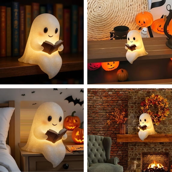 Cute Ghost Reading Book Lamp, 3D Resin Halloween Night Light, Warm Lighted Indoor Figurine Lamps for Party Bedroom Study Room Funny Indoor 3D LED Nightlight Figurine(S)
