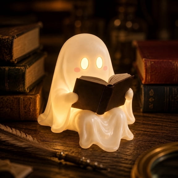 Cute Ghost Reading Book Lamp, 6" Halloween 3D LED Spooky Cute Ghost Bookworm Night Light, Cordless Battery Operated Desktop Table Lamp, Modern Gothic Bedroom Dorm Aesthetic Fall Holiday Decor Gift