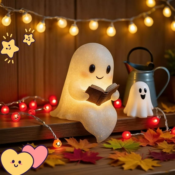 Cute Ghost Reading Book Lamp, Cute Halloween Ghost Night Light, Light up Ghosts Halloween Decorations for Indoor Home Table Centerpiece Bedroom Shelf Readers (6 Inch)