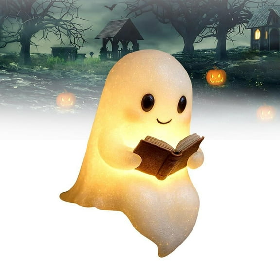 Cute Ghost Reading Book Lamp, Halloween Ghost Night Light, Ghost Reading Night Lights, 3D LED Night Light Halloween, Glowspirit, Light Up Halloween Decor, for Bedroom Study Room, Readers (8.6inch)