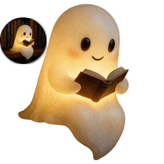 Cute Ghost Reading Book Lamp, Halloween Ghost Night Light, Light Up Halloween Decor, Ghost Warm Lighted Indoor Figurine Lamps for Party Bedroom