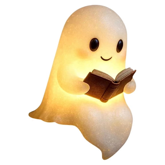 Cute Ghost Reading Book Lamp Little Ghost Lamp with Book, 3D LED Night Light, Halloween Decor for Bedroom Shelf Party L