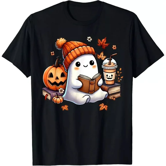 Cute Ghost Reading Book Shirt – Halloween Coffee Lovers Funny Gift Tee
