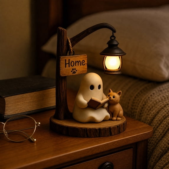 Cute Ghost Reading Lamp, Under Tree Spooky Cute Night Light, Book Lover Desktop Halloween Ornament, Lamp for Bedroom Desk Halloween Home Decor