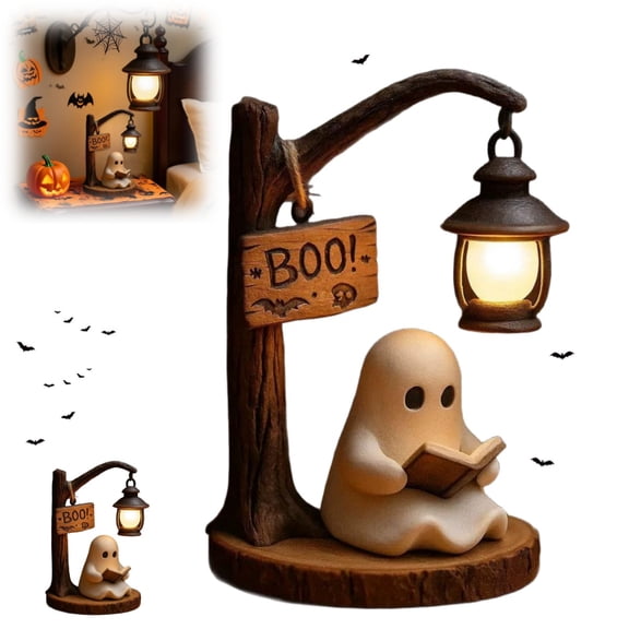 Cute Ghost Reading Lantern,2026 Upgraded Cute Ghost Reading Lantern - Boo, Book Lamp - 3D Resin Ghosts Night Light, Spooky Figurine Decor with Book for Halloween Shelf,Home Indoor Decor
