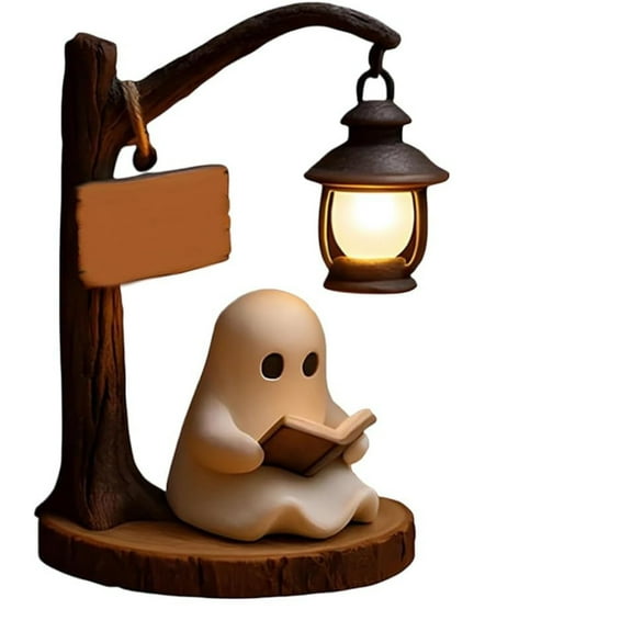 Cute Ghost Reading Lantern – Battery-Powered Night Light, Resin Halloween Decor & Gift Idea