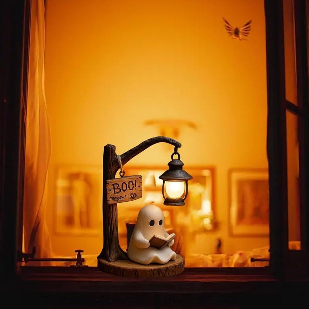Cute Ghost Reading Lantern – 3D Resin Halloween Night Light, Warm Glow, Cordless Battery Operated, 5.9" Desktop Decor
