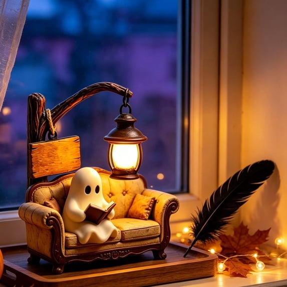 Cute Ghost Reading Lantern, Resin Battery-Powered Halloween Home Decor with Soft Warm Glow, Spooky Bookish Accent for Nightstand, Desk or Shelf