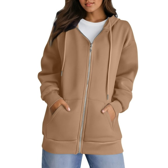 Lodgix Womens Zip Up Hoodies Oversized Fleece Jacket Winter Plain Y2k Hoodie Drawstring Hooded Sweatshirt with Pockets Light Brown-S