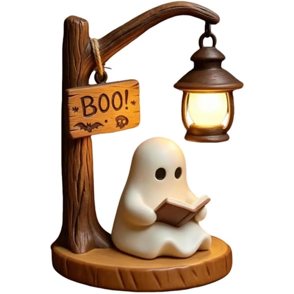 Cute Ghost Reading Night Light - Resin Ghost Lamp Statue Vintage Desktop Spooky Ambient Light, Bedside Bookish Halloween Decor, Book Lover Gift for Bedroom Bookself Academy Office, 5.91 Inch