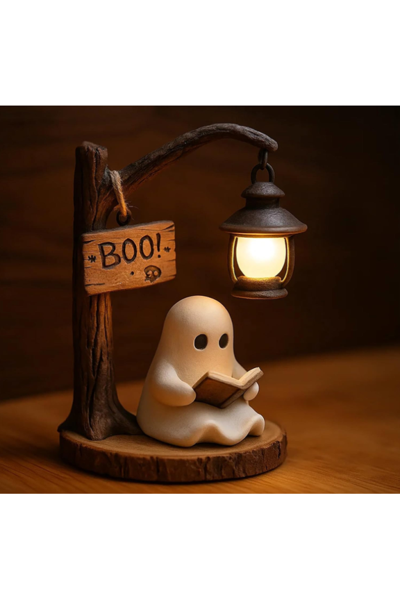 Cute Ghost Reading Night Light, Resin Ghost Lamp Statue Vintage Desktop Spooky Ambient Light, Bedside Bookish Halloween Decor, Book Lover Gift for Bedroom Bookself Academy Office, 5.12 Inch