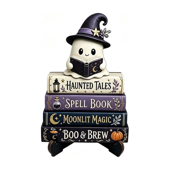 Cute Ghost Reading Statue, Ghost Figurine on Book Stack Base, Halloween Bookshelf Tabletop Decor