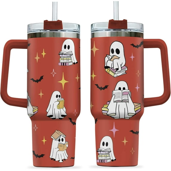 Cute Ghost Reading Tumbler 40oz, Halloween Bookish 40oz Tumbler, Funny Reader Stainless Steel Tumbler with Lid and Straw, Halloween 40oz Cup