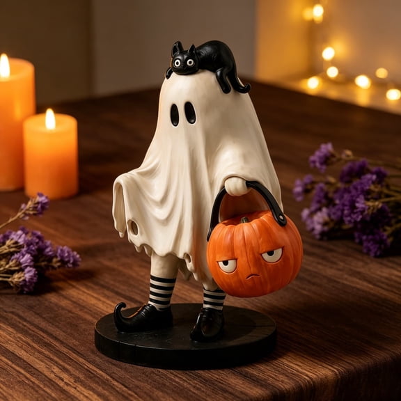 Cute Ghost Resin Figurine with Black Cat & Pumpkin Halloween Decor | Vintage Cute Desk Figurine, Cute Halloween Decor indoor Porch Ornament, Halloween Party Decorations & Unique Halloween Gifts