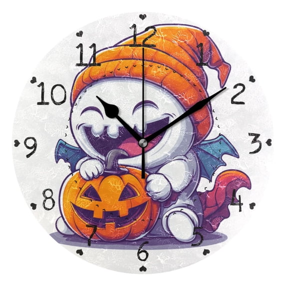 Cute Ghost Round Wall Clock Silent Battery Operated Home Decor for Living Room Bedroom