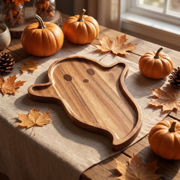 Cute Ghost Shaped Halloween Charcuterie Board, Natural Solid Wood Halloween Food Tray with Rim, Fall Platter for Party Table and Kitchen Counte