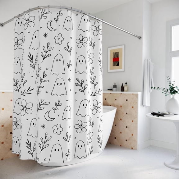 Cute Ghost Shower Curtain, Black & White Spooky Floral Bathroom Decor, Halloween Aesthetic, Witchy Bathroom Vibes, Unique Gift for Halloween Lovers
