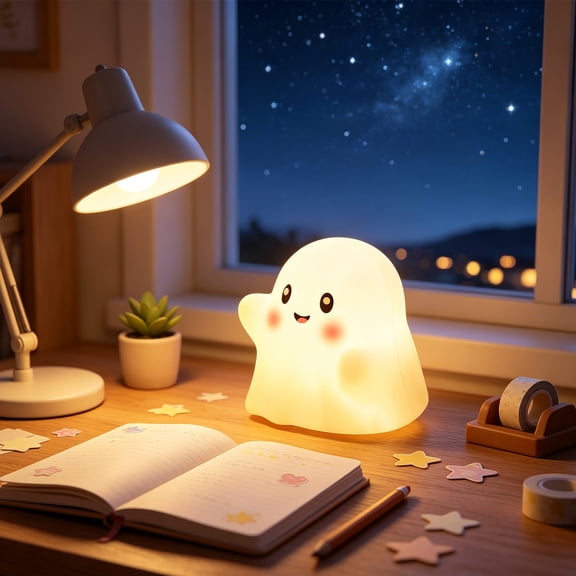 Cute Ghost Silicone Tap Night Light Rechargeable LED Bedside Ambient Lamp Battery Powered Soft Nursery Desk Light 11.5cm Square,Halloween Gifts for Friends, Coworkers, and Girlfriends(White)