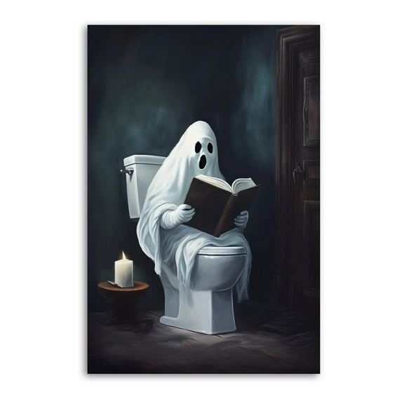 Cute Ghost Sitting on Toilet Halloween Canvas Wall Art Prints Poster Gifts Photo Picture Painting Posters Room Decor Home Decorative 12x18inch(30x45cm)