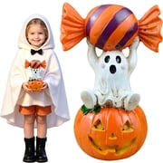 Cute Ghost Sitting on Pumpkin Resin Figurine - Holding Candy Halloween Tabletop Mantel Shelf Decor