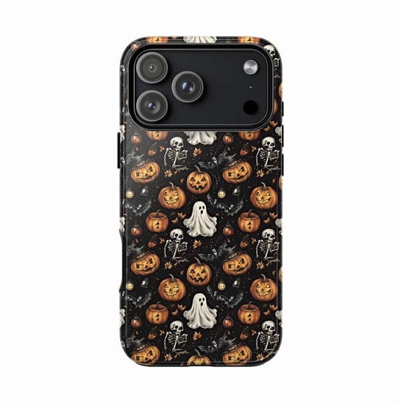 Cute Ghost & Skeleton Phone Case, Dark Halloween Pumpkin Pattern Cover for iPhone 17 16 15 14 13 12 11 Pro Plus Mini