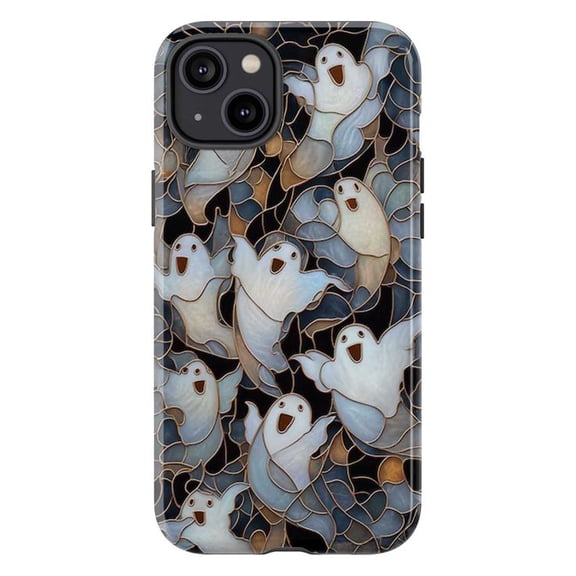 Cute Ghost Stained Glass Phone Case, Halloween Spirit Art Design iPhone Cover, Spooky Fun Protective Case for iPhone 16 15 14 13 12 11 Plus Pro Max Mini