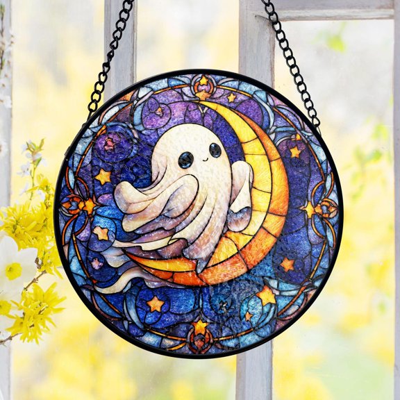 Cute Ghost Stained Glass Suncatcher, Celestial Moon Stained Glass, Halloween Decor Window Hanging, Gift For Friend Stained Glass, Suncatcher