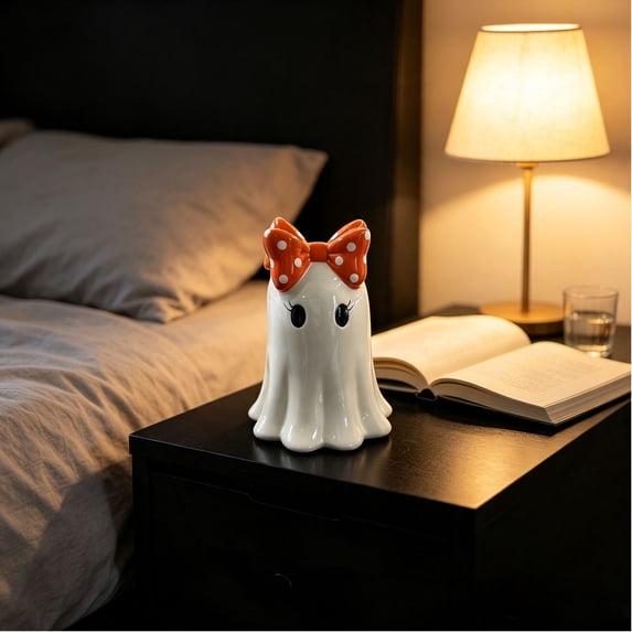 Cute Ghost Statue with Orange Polka Dot Bow, 5.9 Inch Halloween Tabletop Decoration, Spooky Ceramic Figurine for Shelf Decor