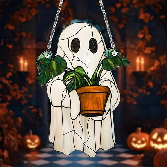 Cute Ghost Sun Catcher Ornament - Halloween Stained Glass Suncatcher, Gothic Window Hanging Decoration for Wall Doors Garden Decor