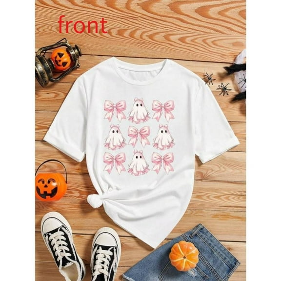 Cute Ghost T-Shirt Plaid Bow Print Round Neck Short Sleeve Top Summer Casual Comfort White S-5XL