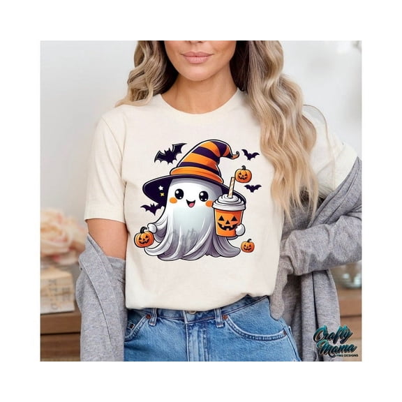 Cute Ghost T-Shirt, Trendy Halloween Shirt, Coquette Halloween Graphic Tee, Halloween Ice Coffee Shirt, Fun Spooky Fall Tee