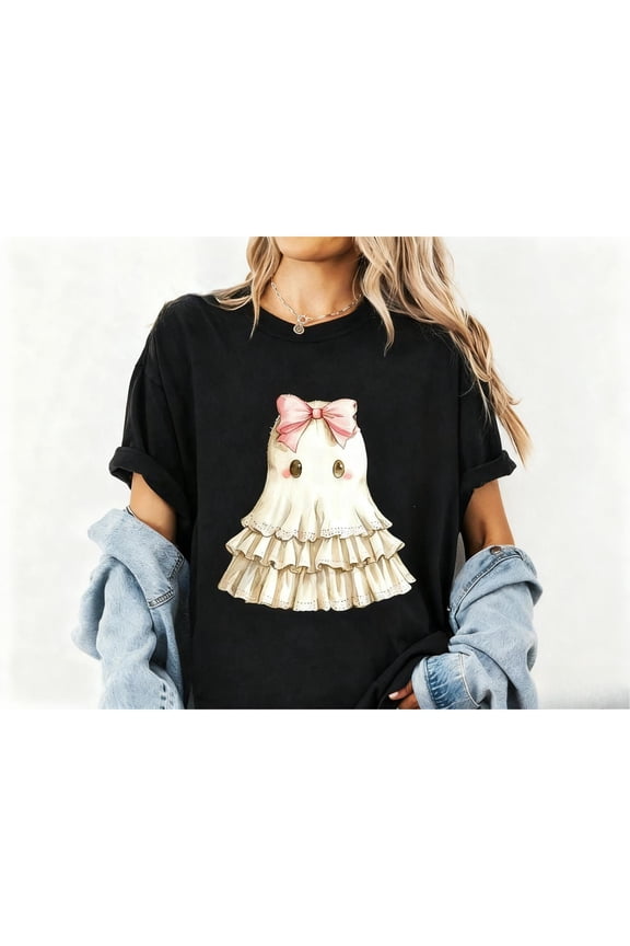 Cute Ghost T Shirt for Women, Halloween Graphic Tees, Causal Tops, Regular Fit,Round neck,Fashion,cotton,black,S-5XL