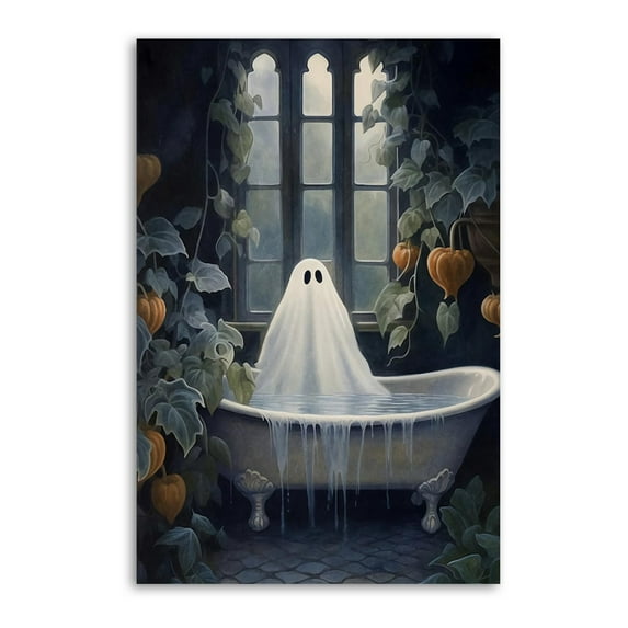 Cute Ghost Takes A Bath Tub Halloween Room Aesthetic Poster Print Art Wall Painting Canvas Posters Gifts Modern Bedroom Decor 16x24inch(40x60cm)