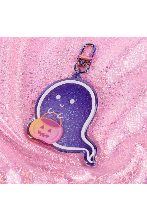 Cute Ghost Trick-or-Treat Keychain with Holographic Clasp Semi-Transparent | Kawaii Spooky Accessory | Halloween Accessory for Bags and Keys (1 keychain)