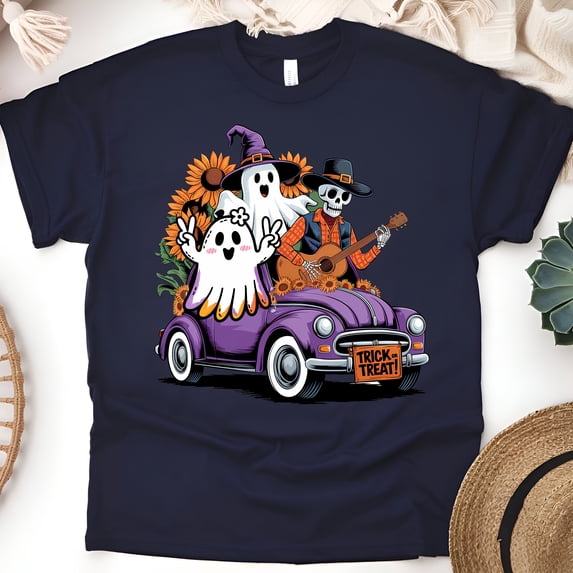 Cute Ghost Trick or Treat Shirt, Halloween Car Ride T-Shirt, Navy, Size 3XL