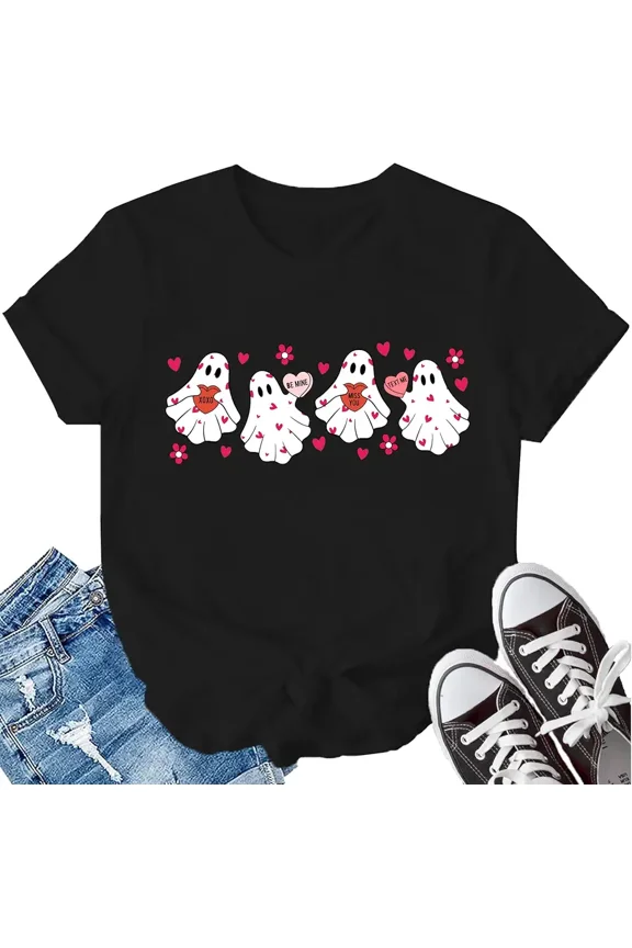 Cute Ghost Valentine Heart Graphic for Women Short Sleeve Casual Tee Shirt