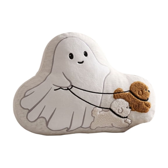 Cute Ghost Walking Dogs Plush Throw Pillow, Ghost With Two Puppies 3D Embroidered Stuffed Cushion, Soft Halloween Ghost Shaped Decorative Pillow for Sofa Bed Home Party Gift