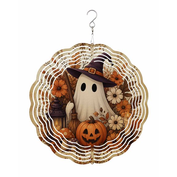 Cute Ghost Wind Spinner for Garden Yard 10In, Fall Pumpkin Leaf Flower Lanterns Shabby Chic Goth 3D Stainless Steel Kinetic Hanging Wind Spinners Rustproof Outdoor Decor for Lawn Patio Home