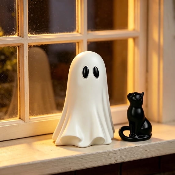 Cute Ghost With Black Cat Resin Figurines Halloween Mini Decor Statues