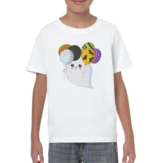 Cute Ghost With Spooky Balloons T-Shirt Juniors -Image by Shutterstock, Medium