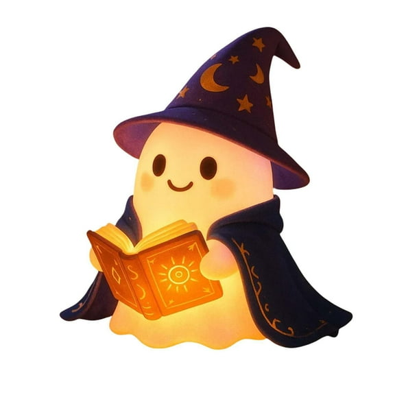 Cute Ghost Wizard LED Lamp with Built-In Battery, Soft Warm White Night Light for Halloween, Kids Room, Indoor Plants, Desk & Garden Decor