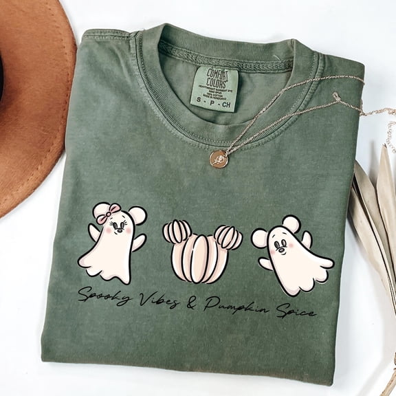 Cute Ghost and Pumpkin Ears Graphic T-Shirt – Spooky Vibes Fall Comfort Colors Tee for Women