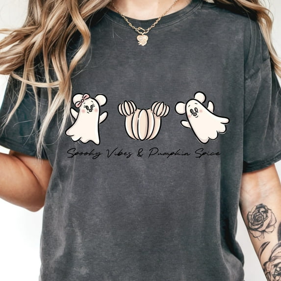 Cute Ghost and Pumpkin Ears Graphic T-Shirt – Spooky Vibes Fall Comfort Colors Tee for Women