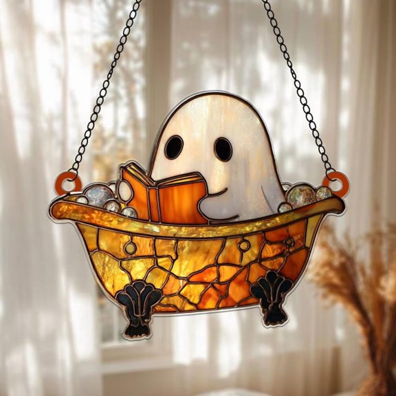 Cute Ghost in Bathtub Acrylic Suncatcher, Halloween Spooky Suncatcher, Bathtub Gothic Halloween Decor, Ghost Reading Book Window Haning