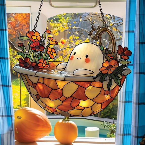 Cute Ghost in Floral Bath Acrylic Suncatcher Basket Planter Halloween Faux Stained Glass Floral Hanging Window Decor, Spooky Fall Gift