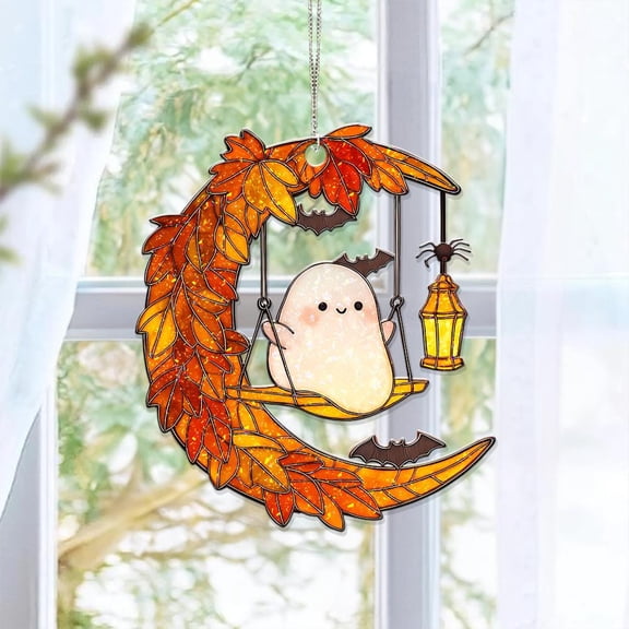 Cute Ghost on Leafy Swing with Lantern Acrylic Suncatcher, 2D Flat Window Hanging Decor, Halloween Home Decor