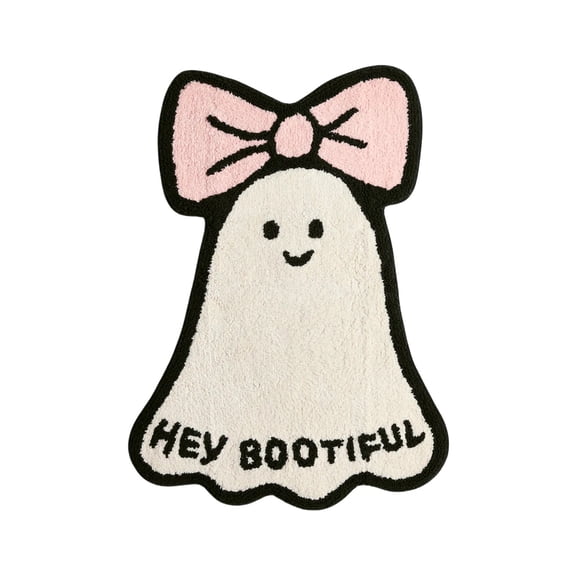 Cute Ghost with Pink Bow Shaped Rug 31.519.69 Inch, "Hey Bootiful" Halloween Fluffy Non-Slip Decorative Bathroom Mat