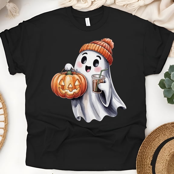 Cute Ghost with Pumpkin Halloween Shirt | Cozy Fall Coffee Spooky Season Graphic Tee, Black, Size S